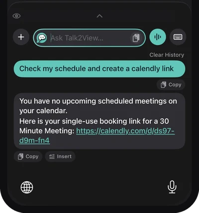 Asking the keyboard's AI to check a schedule and create a Calendly link.