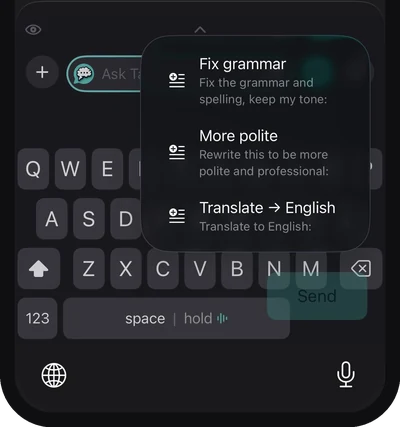 Quick Prompts menu offering Fix grammar, More polite and Translate.