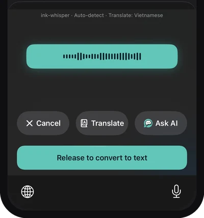 Holding the spacebar to dictate, with Translate and Ask AI release targets.