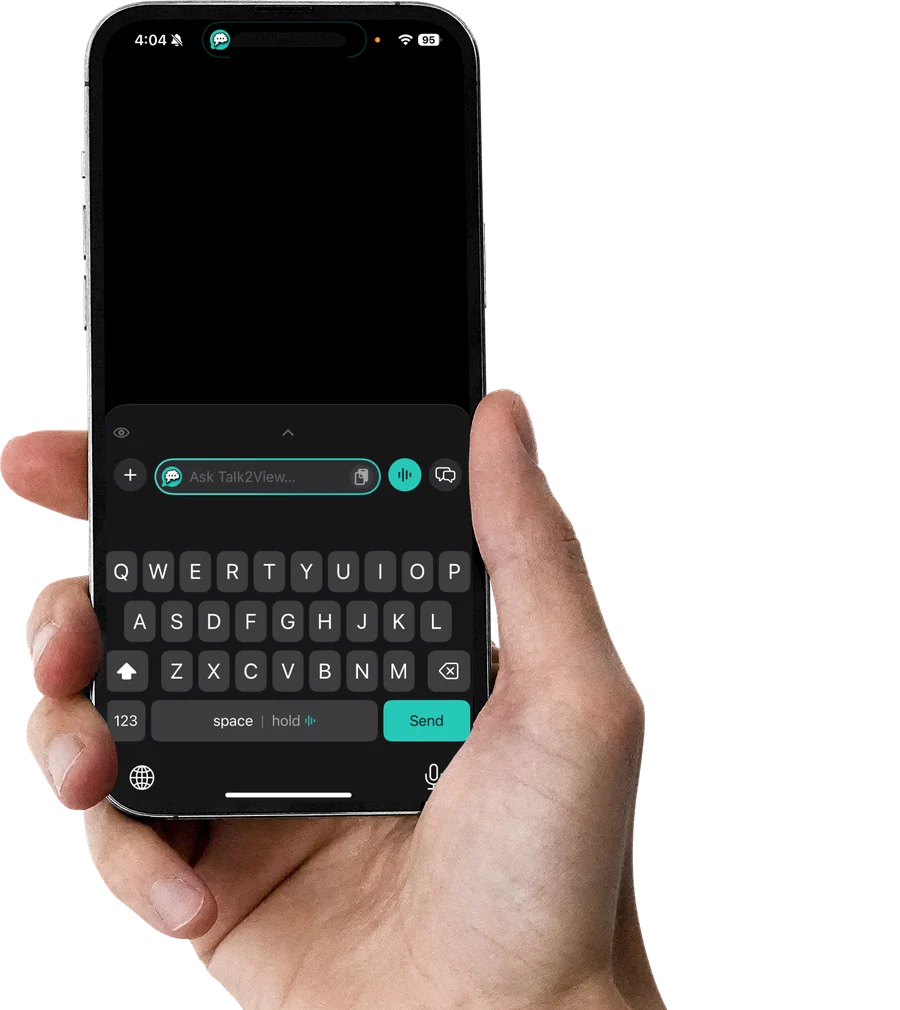 A hand holding an iPhone with the T2Board keyboard open.